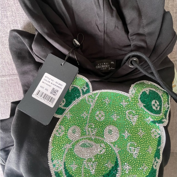 Avenue George V Paris Black jogging suit Tracksuit crystal Teddy Bear Hoodie S M - Picture 3 of 6